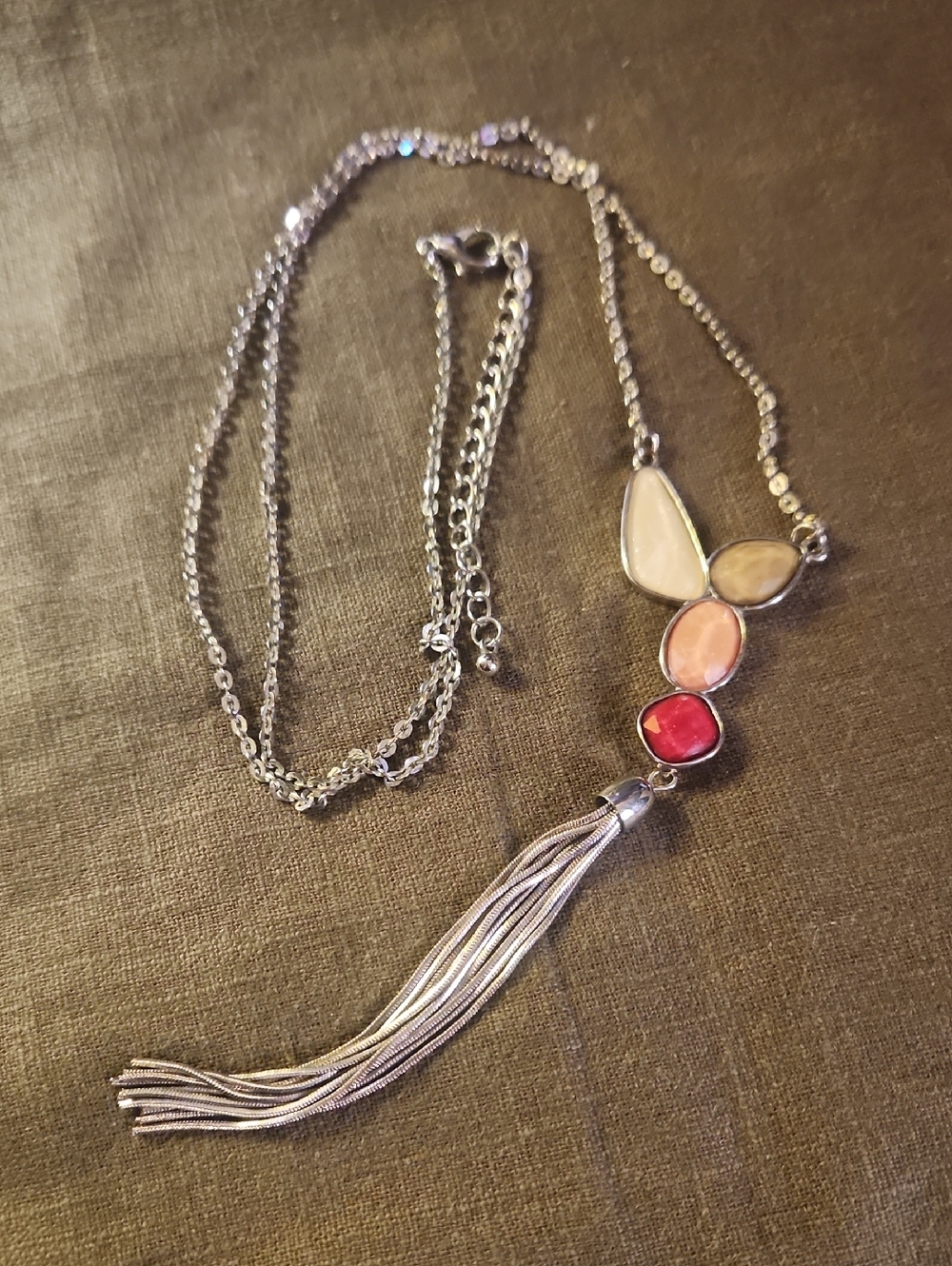 Silver Multi-Color Stone Tassel Pendant Necklace